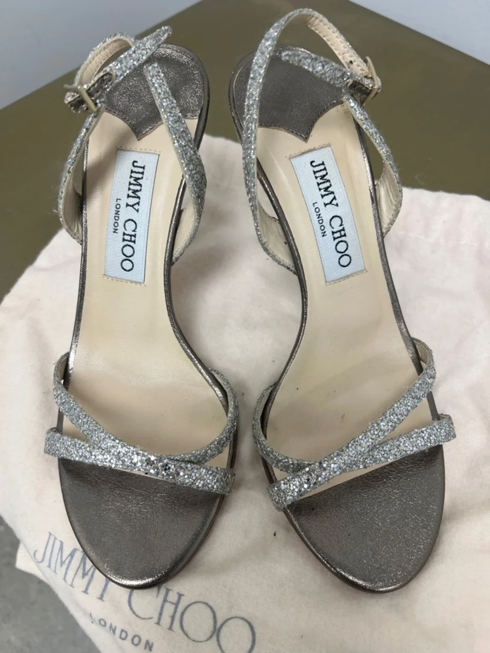 Jimmy Choo Silver Glitter Slingback Heels - Picture 3 of 6